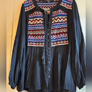 ANDREE BY UNIT Black Blouse with Colorful Embroidery and Long Sleeves - Size L